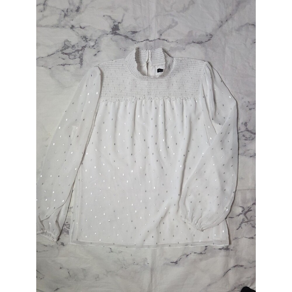 White House Black Market White Long Sleeve Blouse With Silver Foil Details